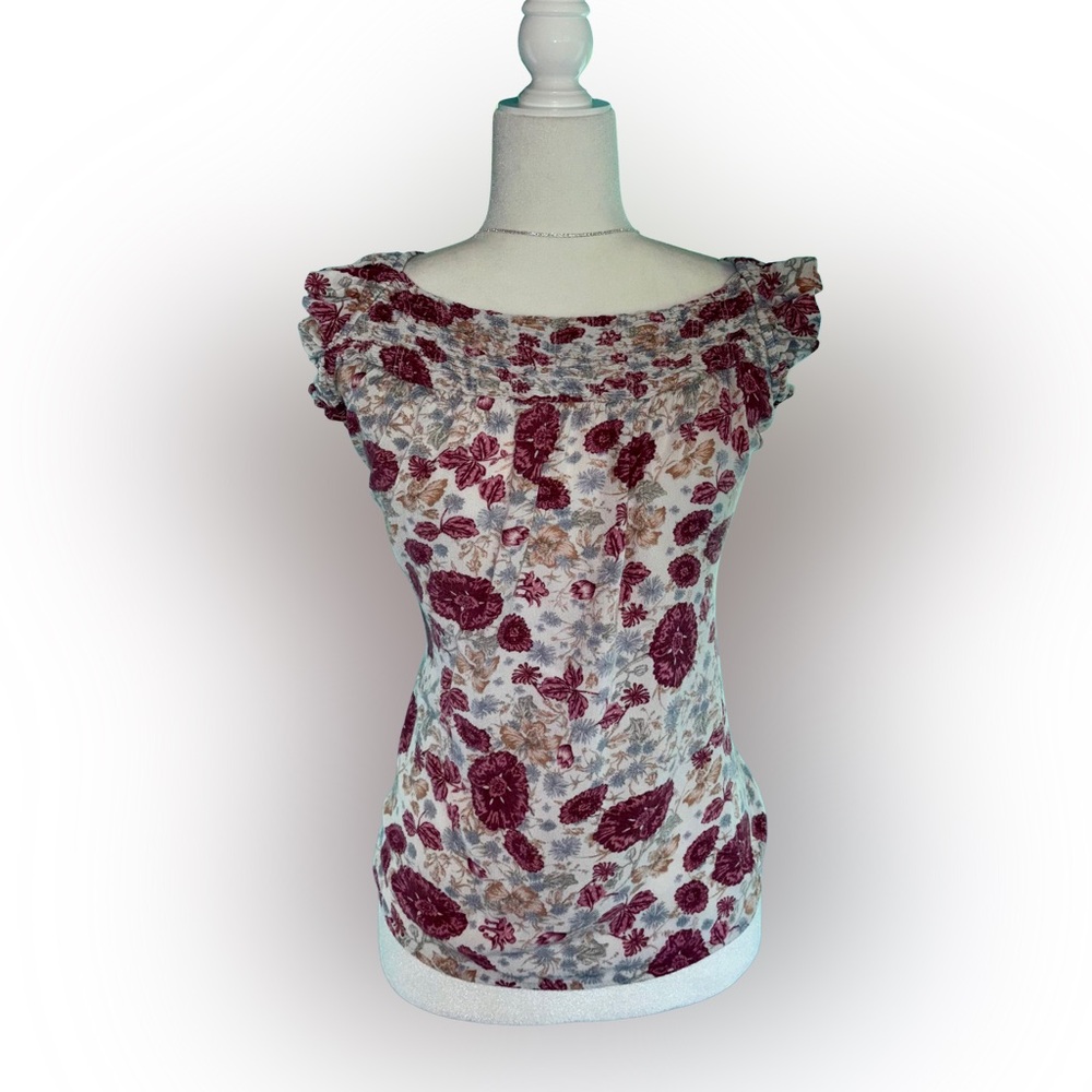 Maurices Floral Ruffle Neck Cap Sleeve Cottagecore Top Size Approx L/XL
